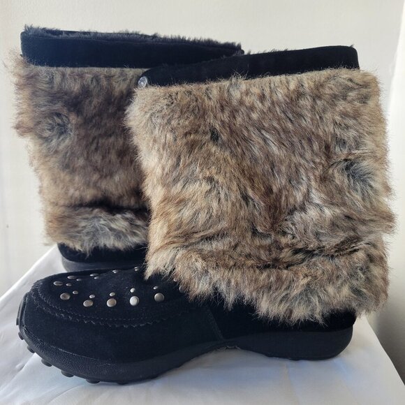 Bass Kodiak Women's 10 Medium Wedge Black Suede Leather Faux Fur Kneehigh Boots - Picture 1 of 12